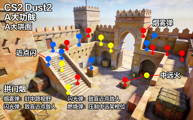 CS2 Dust2地图A大进攻投掷物3D点位高清教学画面