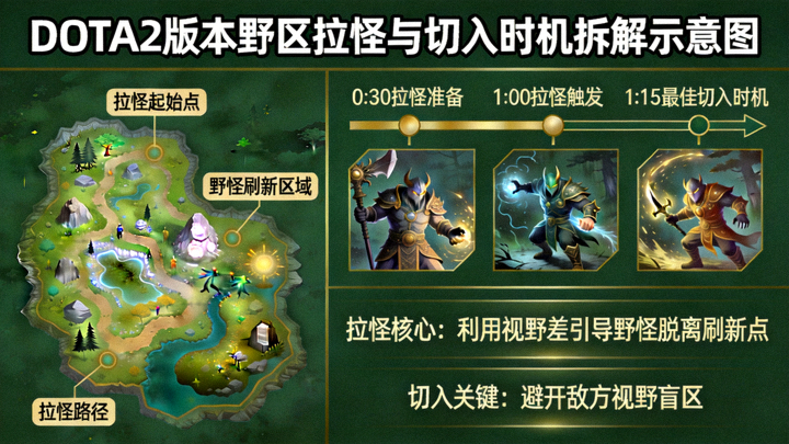 DOTA2版本野区拉怪与切入时机拆解示意图