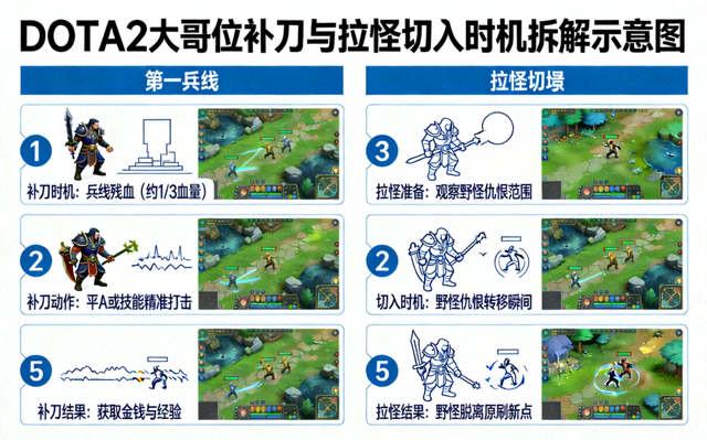 DOTA2大哥位补刀与拉怪切入时机拆解示意图